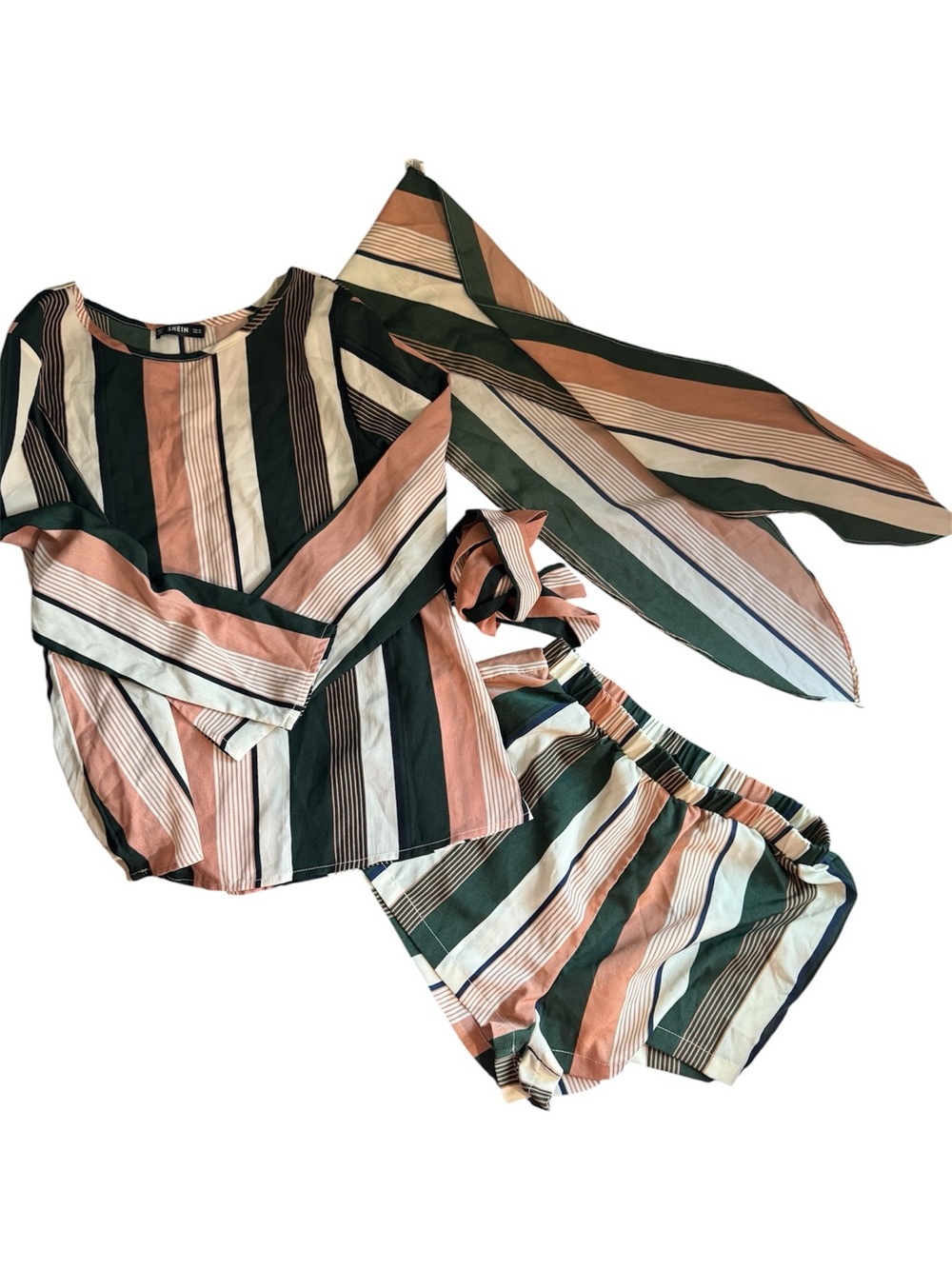 Striped Two-Piece Set in Dusty Rose, Forest Green & Cream